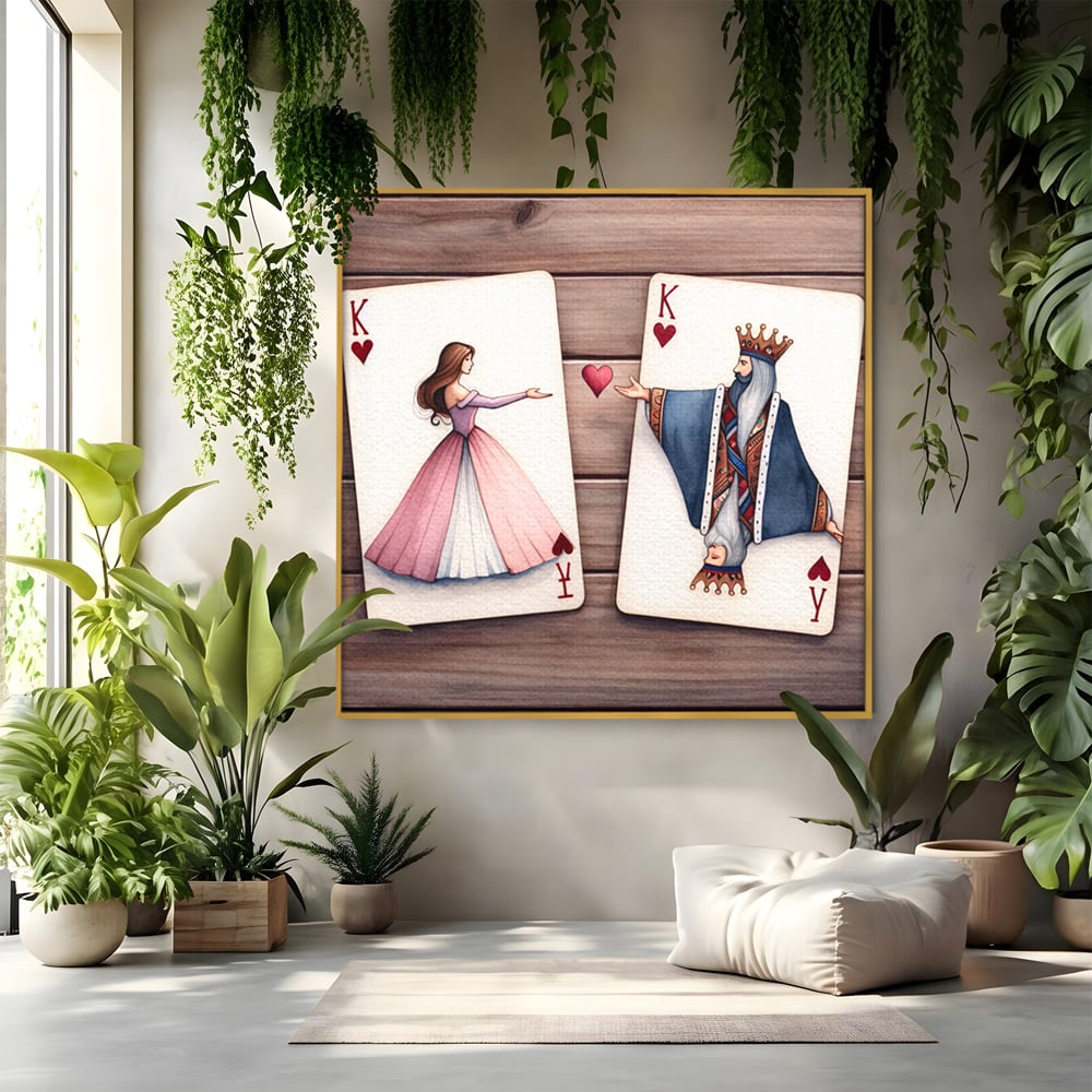 Tablou canvas cu carti de joc cu rege si regina, in rama de aluminiu auriu